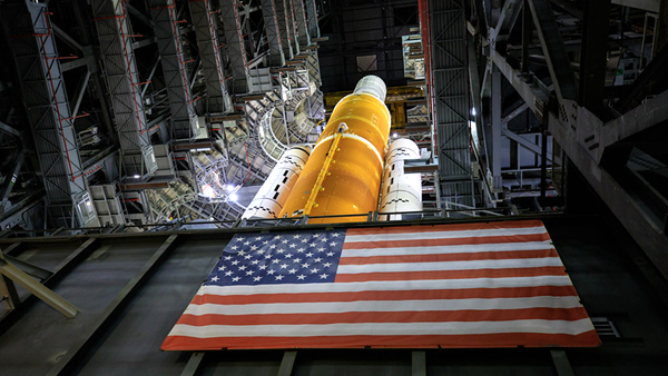 An unobstructed view of the Space Launch System rocket as it sits atop its mobile launcher inside the Vehicle Assembly Building at NASA's Kennedy Space Center in Florida...on September 17, 2021.