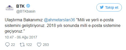 BTK Milli e-posta servisi ile ilgili tweeti