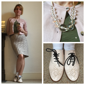 Boden t-shirt, cardigan and skirt, Clarks Shoes, Topshop Necklace