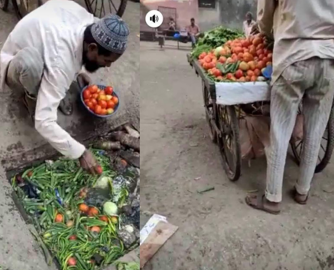 Vegetable seller seen picking his wares from a dirty drainage to sell to unsuspecting buyers (photos)