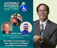 Image announcing the Idaho Access Project interview on Accessible Housing Matters, Interviewer Stephen Beard is pictured at right; on the left is the program title, with circular head shots of the three Idaho Access Project speakers