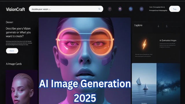 Screenshot of 'VisionCraft,' a fictional dark-mode AI image generation tool interface. A central image features a woman with glowing orange futuristic glasses. Sidebars show prompts, example AI-generated images (like sailboats and a galaxy), and an 'Explore' section. Bold white text 'AI Image Generation 2025' is overlaid on the image.