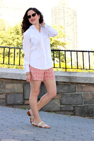 Nyc fashion blogger Kathleen Harper wearing a white button-down with shorts