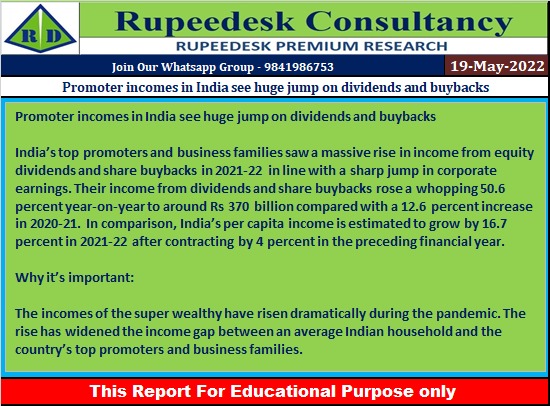 Promoter incomes in India see huge jump on dividends and buybacks - Rupeedesk Reports - 19.05.2022