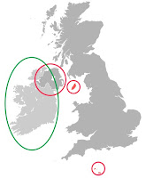Map showing Northern Ireland, Guernsey, Jersey and Isle of Man, circled