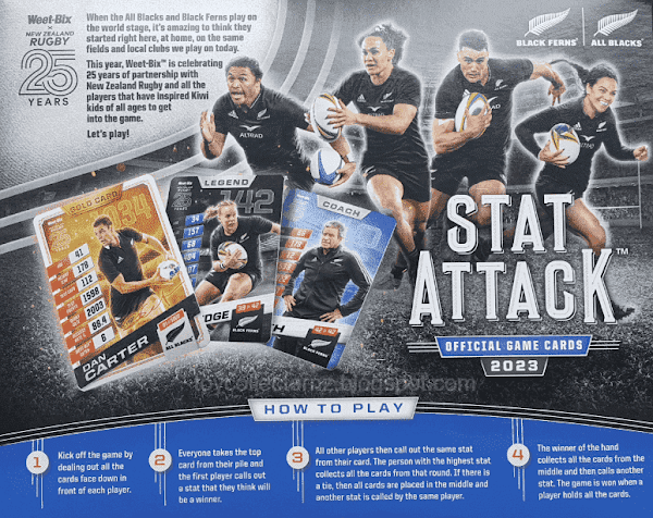 Weetbix Cards 2023 Stat Attack Box 750grams Rear View Box Featuring All Blacks and Black Ferns with 25 years logo and instructions on how to play the stat attack game