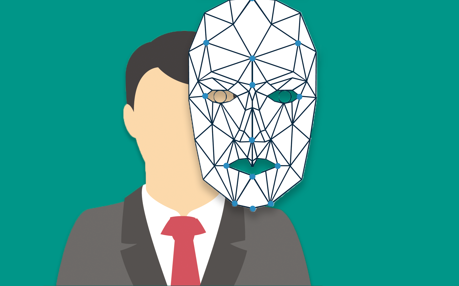 A wallpaper with a minimalist visualization of a person and facial recognition with a teal background.