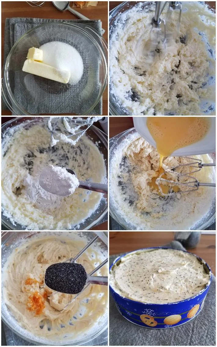 Preparación de la torta con semillas de amapola, collage de 6 fotos