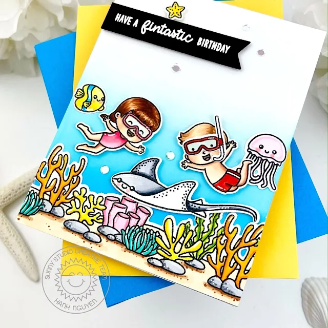 Sunny Studio Stamps: Fintastic Friends Summer Themed Birthday Card by Hanh Nguyen (featuring Tropical Scenes, Kiddie Pool, Stitched Rectangle Dies)