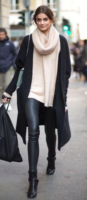 cozy fall outfit / cashmere scarf + nude sweater + black coat + bag + leggings + boots