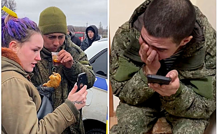 Russos preferem cair nas maos dos ucranianos porque sao bem tratados. Nas fotos russos recebem comida, chá, telefone para falar com a mãe