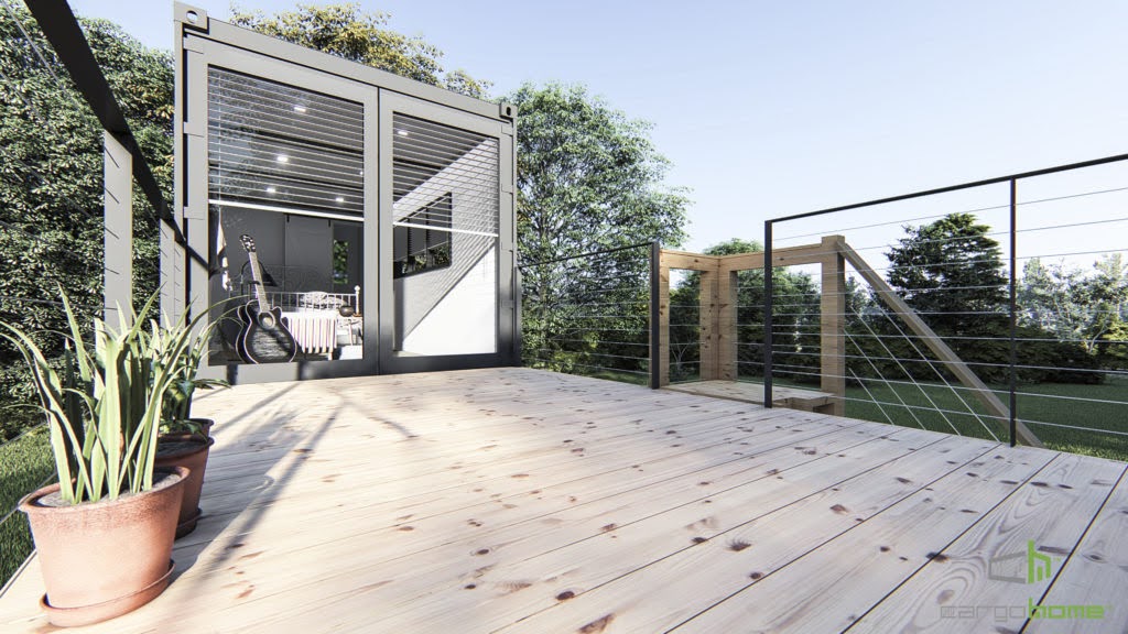 Una original casa de dos pisos con terraza hecha con contenedores