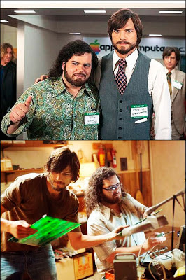 Dos imagenes de Asthon Kutcher y Josh Gad como Steve Jobs y Steve Bozniak