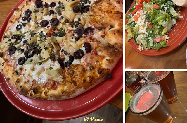 Delicious wood oven pizza, microbrews, and salad at Il Vicino in Albuquerque.