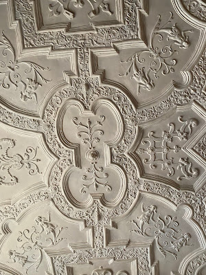 Ornate plaster ceiling in the Great Chamber, Athelhampton House (2023)