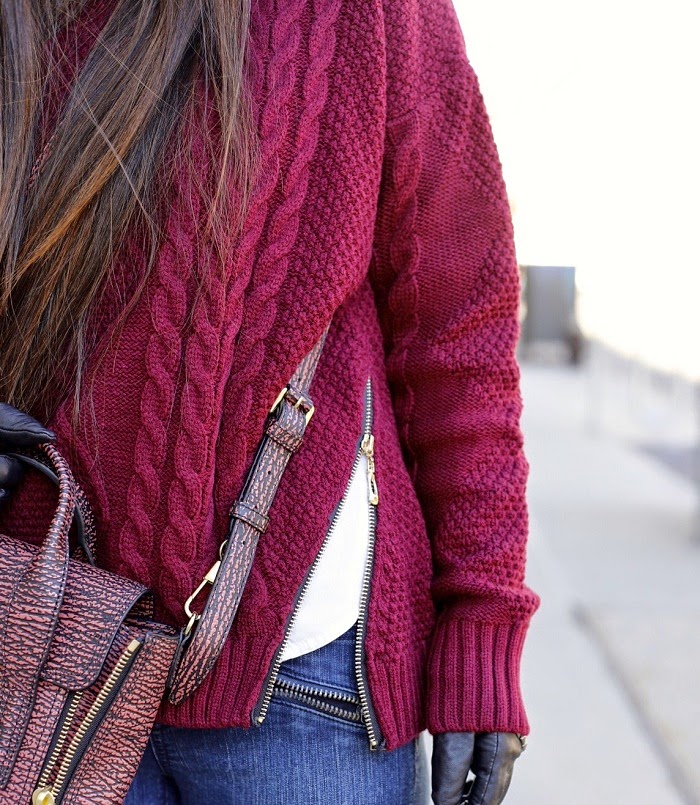 Romwe cable knit sweater with zippers, cable knit, lovers and friends LA moto skinny jeans, sam edelman t strap heels, 31phillip lim mini pashli bag, nastygal floppy hat, asos gloves, burgundy outfit, fashion blog, nyc, winter outfit, winter street style