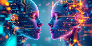 Futuristic AI interface with vibrant colors and digital face, multimodal AI free.