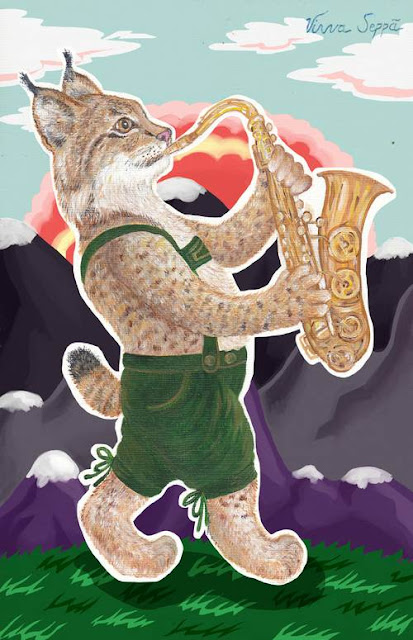 A drawing of a bobcat playing the saxophone, created by Virva Seppä / Kuva ilveksestä soittamassa saksofonia, Virva Sepän tekemä