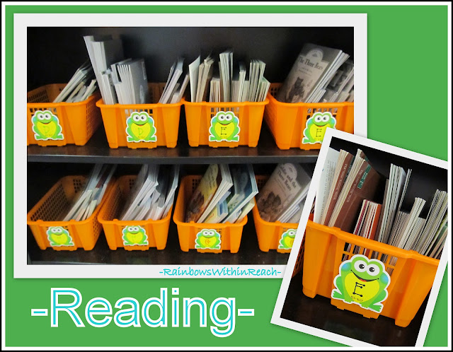 photo of: Classroom Organization of Reading Materials in Buckets