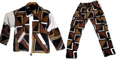 Bògòlanfini (Bogolan) pattern shirt and pants with swastika-like design.