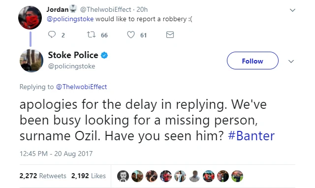 The Stoke Police responds to an Arsenal fan on Twitter