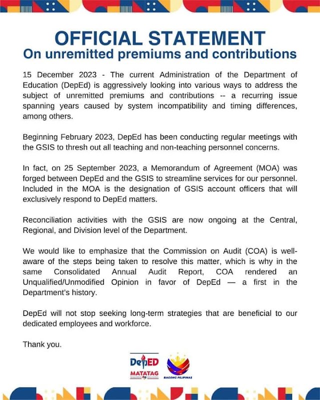 DepED Official Statement On unremitted premiums and contributions 