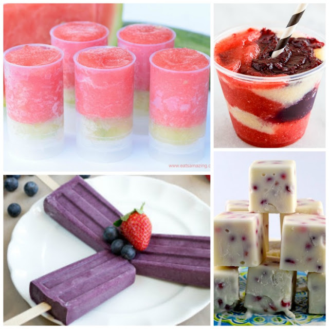 Healthy COOL treats for HOT summer days. Have a nice cold snack ready for your kids when they come in from playing outside in the summer heat. Popsicles, smoothies, frozen yogurt snacks, slushes, and more! All healthy, with loads of fresh fruit, natural ingredients, and no artificial colors.