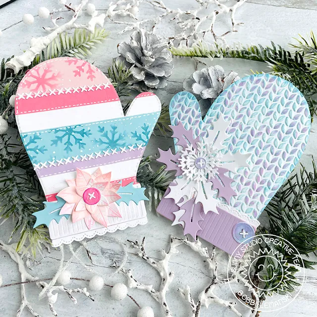 Sunny Studio Stamps: Woolen Mitten Holiday Gift Tags by Bobbi Lemanski (featuring Cable Knit Embossing Folder)