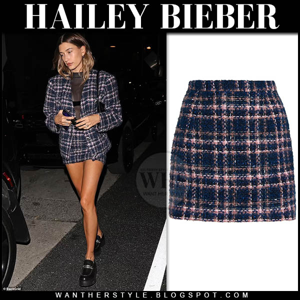 Hailey Bieber in blue checked tweed jacket and mini skirt