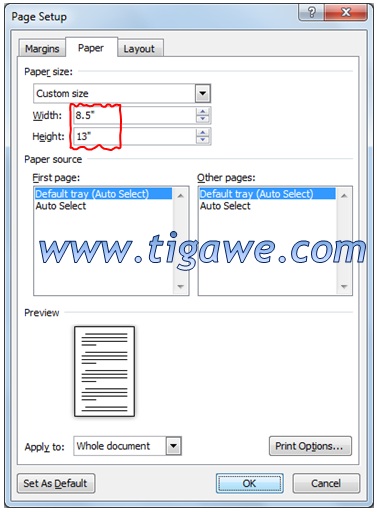 Cara Membuat ukuran kertas F4/Folio di Ms Word 2010  tigawe