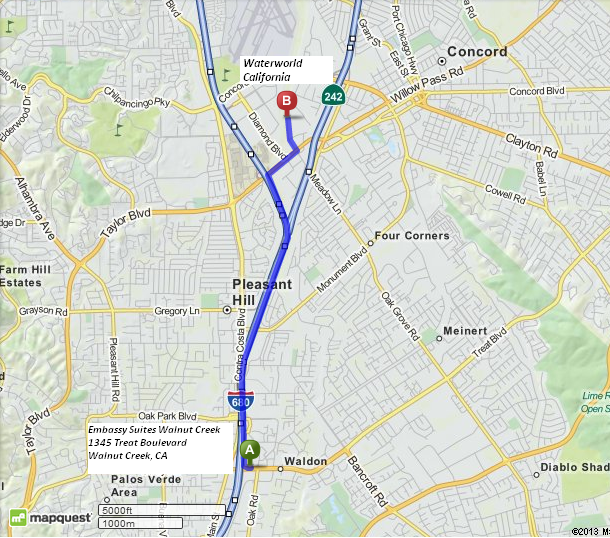 Driving Directions from Embassy Suites Walnut Creek to Waterworld California. 5 minutes/3.5 miles.