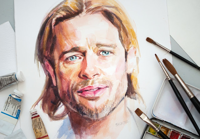 Brad Pitt dibujo con acuarelas Winsor and Newton