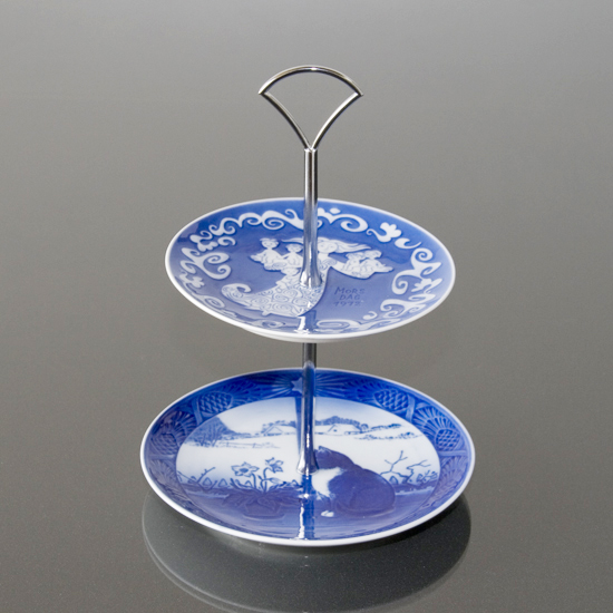 Blue, over-glazed, mother's day plates, memorial plates, fittings in silver-finish, Royal Copenhagen