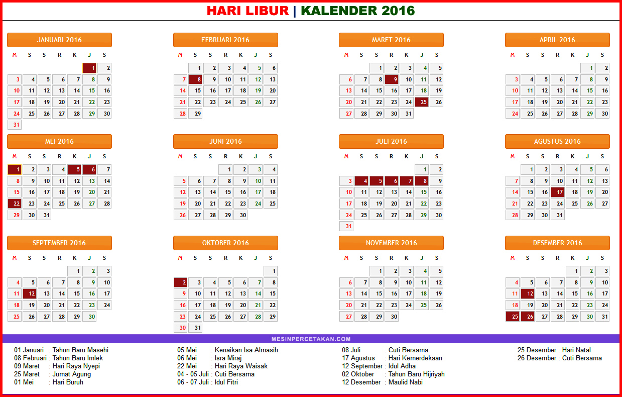 Kalender 2016 Lengkap: Tanggal Merah Libur Nasional Cuti 