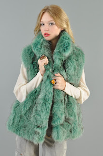 Vintage 1980's fluffy emerald green fox fur gillet vest.