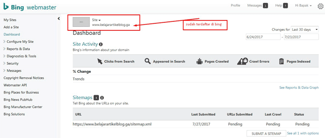 sudah terdaftar di Bing Webmaster tools