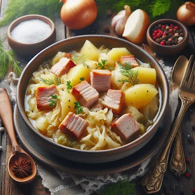 Auf dem Bild ist ein Suppenteller mit einem deftigen Wintereintopf zu sehen. Auf dem Teller ist Weißkohl in Stücken geschnitten, Kartoffelwürfel, Schweinebauch gewürfelt mit einer deftigen Fleischbrühe.