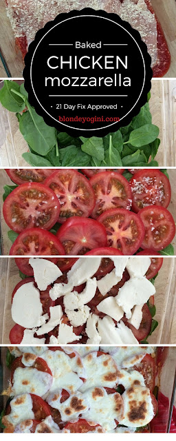 Easy one pan dinner recipe: Italian dinner recipe with baked chicken, mozzarella cheese, tomatoes and spinach. This is a 21 Day Fix approved recipe. And also a clean eating recipe. 