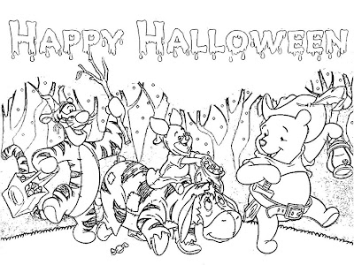 Happy Halloween with Winnie the pooh, Eeyore donkey, piglet and tiger. This is a great picture for you to color this Halloween.