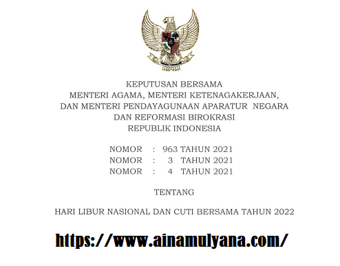 SKB 3 Menteri Tentang Daftar Hari Libur Nasional dan Cuti Bersama Tahun 2022