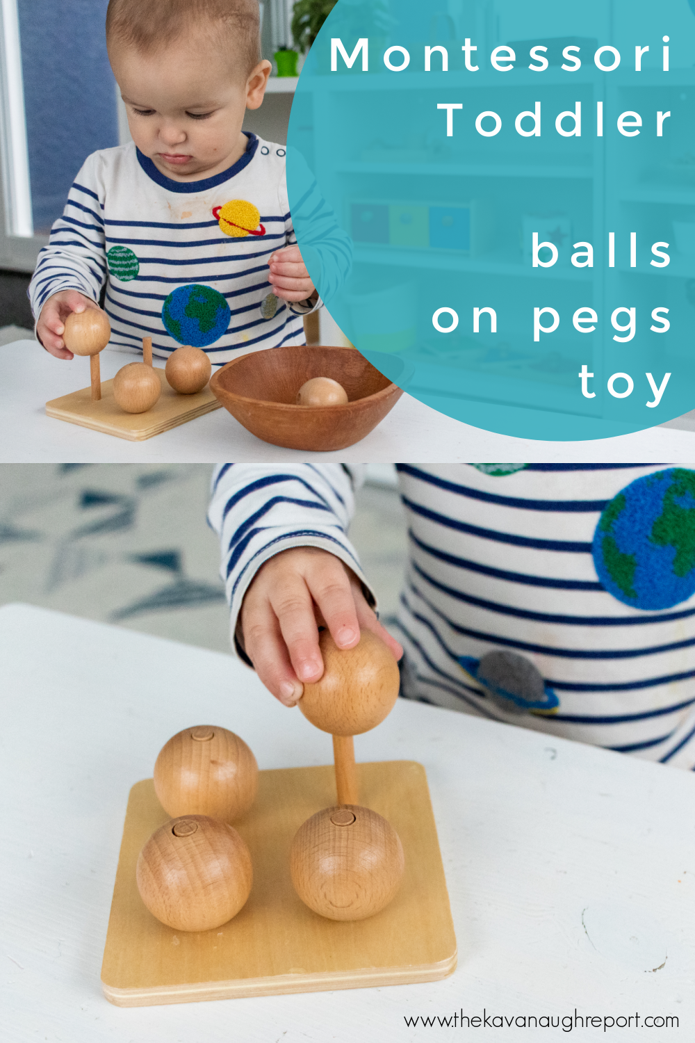 Here's a look at the balls on pegs - a Montessori toddler toy favorite for 1-year-olds! This engaging Montessori toy is perfect for fine motor play.