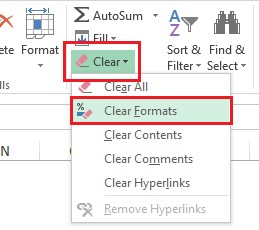 Menghilangkan tanda kutip satu dalam Excel dengan menu Clear Formats