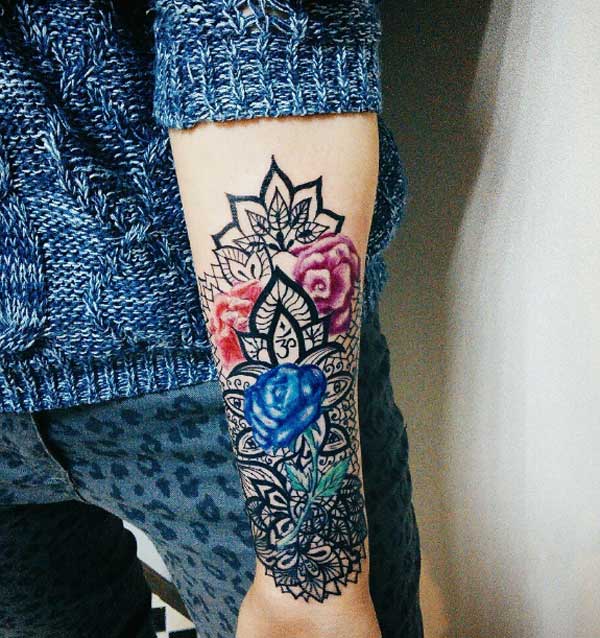 The design is really nice paisley mandala with colorful rose flowers tattoo designs