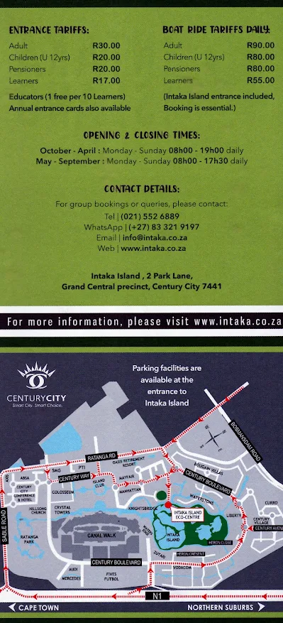 Intaka Island, Cape Town Public Location / Information Brochure Back