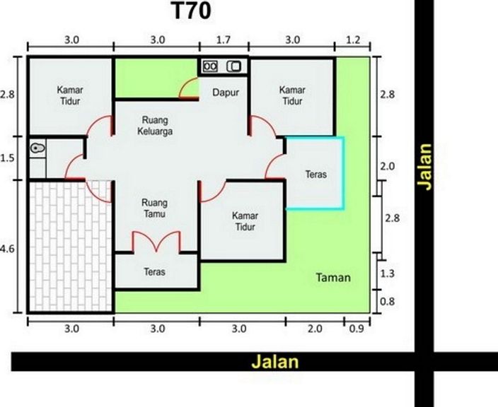 denah rumah hook type 70 tampak modern