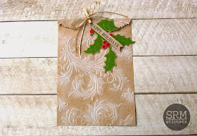 SRM Stickers Blog - Warm & Cozy Christmas Wrap by Lorena - #Christmas #Gift Bag #Gift Wrap #Embossed Kraft bags #Fancy Sentiments #Shimmer Twine,