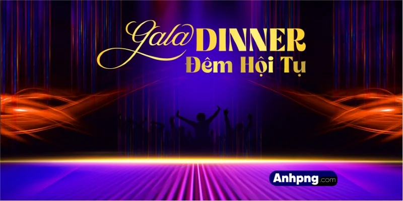 Thiết kế sân khấu Gala Dinner dùng làm backdrop đêm tiệc sự kiện Sân khấu Gala Dinner Đêm Hội Tụ với hiệu ứng ánh sáng và khán giả nâng ly
