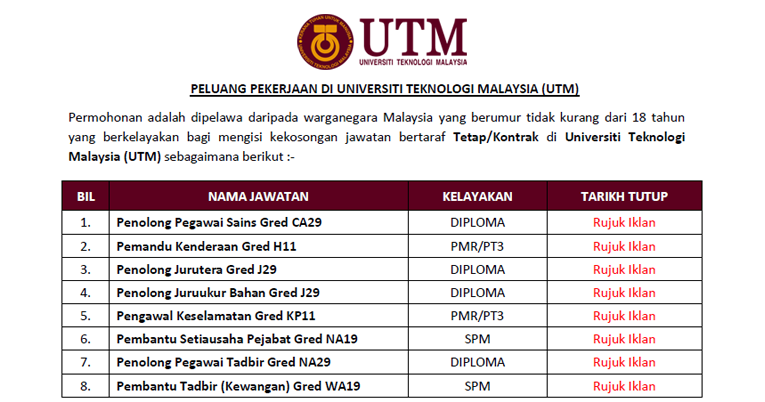 Jawatan Kosong Di Universiti Teknologi Malaysia Utm Kelayakan Pmr Spm Diploma Ejawatankini Com