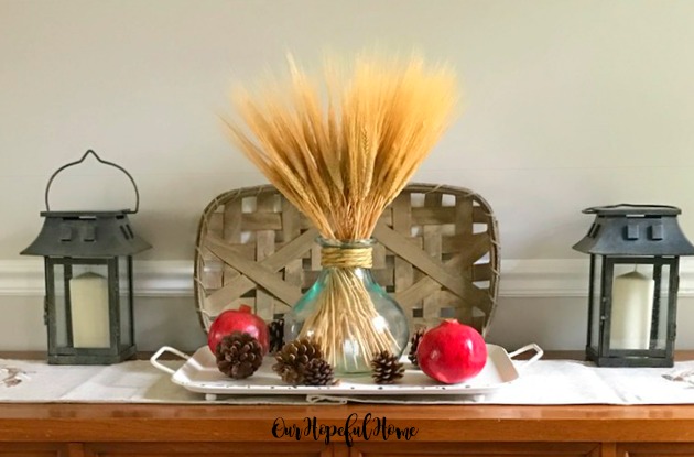 wheat decor faux pomegranates pine cones tobacco basket