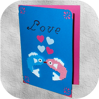 carte brodée, poisson, perles, tissage, love, amoureux, amoureuse